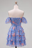 Floral Blue Ruffled Off the Shoulder Short Cocktail Dress