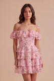 Floral Blue Ruffled Off the Shoulder Short Cocktail Dress