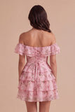 Floral Blue Ruffled Off the Shoulder Short Cocktail Dress