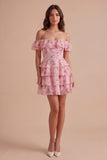 Floral Blue Ruffled Off the Shoulder Short Cocktail Dress