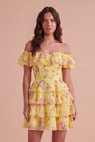 Floral Blue Ruffled Off the Shoulder Short Cocktail Dress