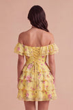Floral Blue Ruffled Off the Shoulder Short Cocktail Dress