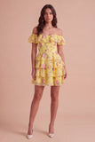 Floral Blue Ruffled Off the Shoulder Short Cocktail Dress