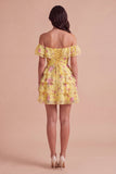 Floral Blue Ruffled Off the Shoulder Short Cocktail Dress