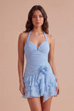 Blue Ruched Halter Neck Short Cocktail Dress with 3D Flower