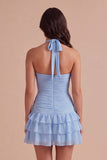 Blue Ruched Halter Neck Short Cocktail Dress with 3D Flower
