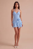 Blue Ruched Halter Neck Short Cocktail Dress with 3D Flower