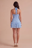 Blue Ruched Halter Neck Short Cocktail Dress with 3D Flower