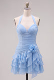 Blue Ruched Halter Neck Short Cocktail Dress with 3D Flower