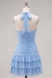 Blue Ruched Halter Neck Short Cocktail Dress with 3D Flower