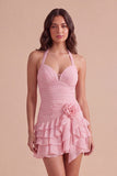 Blue Ruched Halter Neck Short Cocktail Dress with 3D Flower