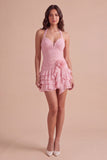 Blue Ruched Halter Neck Short Cocktail Dress with 3D Flower