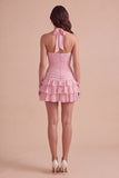 Blue Ruched Halter Neck Short Cocktail Dress with 3D Flower