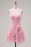 Blue Ruched Halter Neck Short Cocktail Dress with 3D Flower