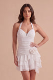 Blue Ruched Halter Neck Short Cocktail Dress with 3D Flower