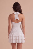 Blue Ruched Halter Neck Short Cocktail Dress with 3D Flower
