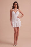 Blue Ruched Halter Neck Short Cocktail Dress with 3D Flower