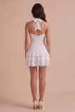 Blue Ruched Halter Neck Short Cocktail Dress with 3D Flower