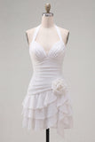 Blue Ruched Halter Neck Short Cocktail Dress with 3D Flower