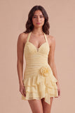 Blue Ruched Halter Neck Short Cocktail Dress with 3D Flower