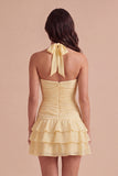 Blue Ruched Halter Neck Short Cocktail Dress with 3D Flower