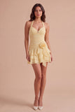 Blue Ruched Halter Neck Short Cocktail Dress with 3D Flower