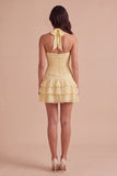Blue Ruched Halter Neck Short Cocktail Dress with 3D Flower