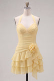 Blue Ruched Halter Neck Short Cocktail Dress with 3D Flower