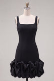 Black Bodycon Thick Straps Ruffled Short Cocktail Dress