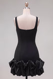 Black Bodycon Thick Straps Ruffled Short Cocktail Dress