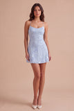 Blue Floral Appliqued Spaghetti Straps A-Line Short Cocktail Dress