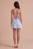 Blue Floral Appliqued Spaghetti Straps A-Line Short Cocktail Dress