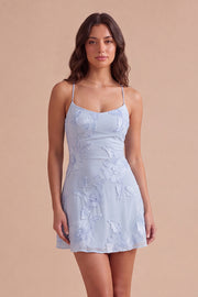 Blue Floral Appliqued Spaghetti Straps A-Line Short Cocktail Dress