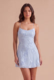 Blue Floral Appliqued Spaghetti Straps A-Line Short Cocktail Dress
