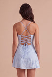 Blue Floral Appliqued Spaghetti Straps A-Line Short Cocktail Dress