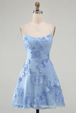 Blue Floral Appliqued Spaghetti Straps A-Line Short Cocktail Dress