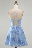Blue Floral Appliqued Spaghetti Straps A-Line Short Cocktail Dress