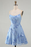 Blue Floral Appliqued Spaghetti Straps A-Line Short Cocktail Dress