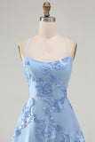 Blue Floral Appliqued Spaghetti Straps A-Line Short Cocktail Dress