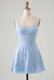 Blue Floral Appliqued Spaghetti Straps A-Line Short Cocktail Dress
