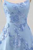 Blue Floral Appliqued Spaghetti Straps A-Line Short Cocktail Dress