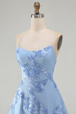 Blue Floral Appliqued Spaghetti Straps A-Line Short Cocktail Dress