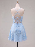 Blue Floral Appliqued Spaghetti Straps A-Line Short Cocktail Dress