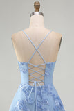 Blue Floral Appliqued Spaghetti Straps A-Line Short Cocktail Dress