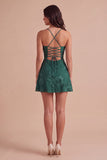 Blue Floral Appliqued Spaghetti Straps A-Line Short Cocktail Dress