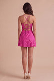 Blue Floral Appliqued Spaghetti Straps A-Line Short Cocktail Dress