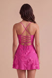 Blue Floral Appliqued Spaghetti Straps A-Line Short Cocktail Dress