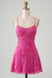 Blue Floral Appliqued Spaghetti Straps A-Line Short Cocktail Dress