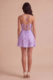 Blue Floral Appliqued Spaghetti Straps A-Line Short Cocktail Dress