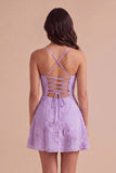 Blue Floral Appliqued Spaghetti Straps A-Line Short Cocktail Dress